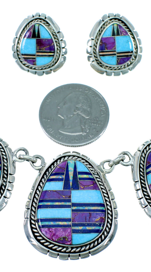 Southwestern Sterling Silver Multicolor Link Necklace Earrings PX36817